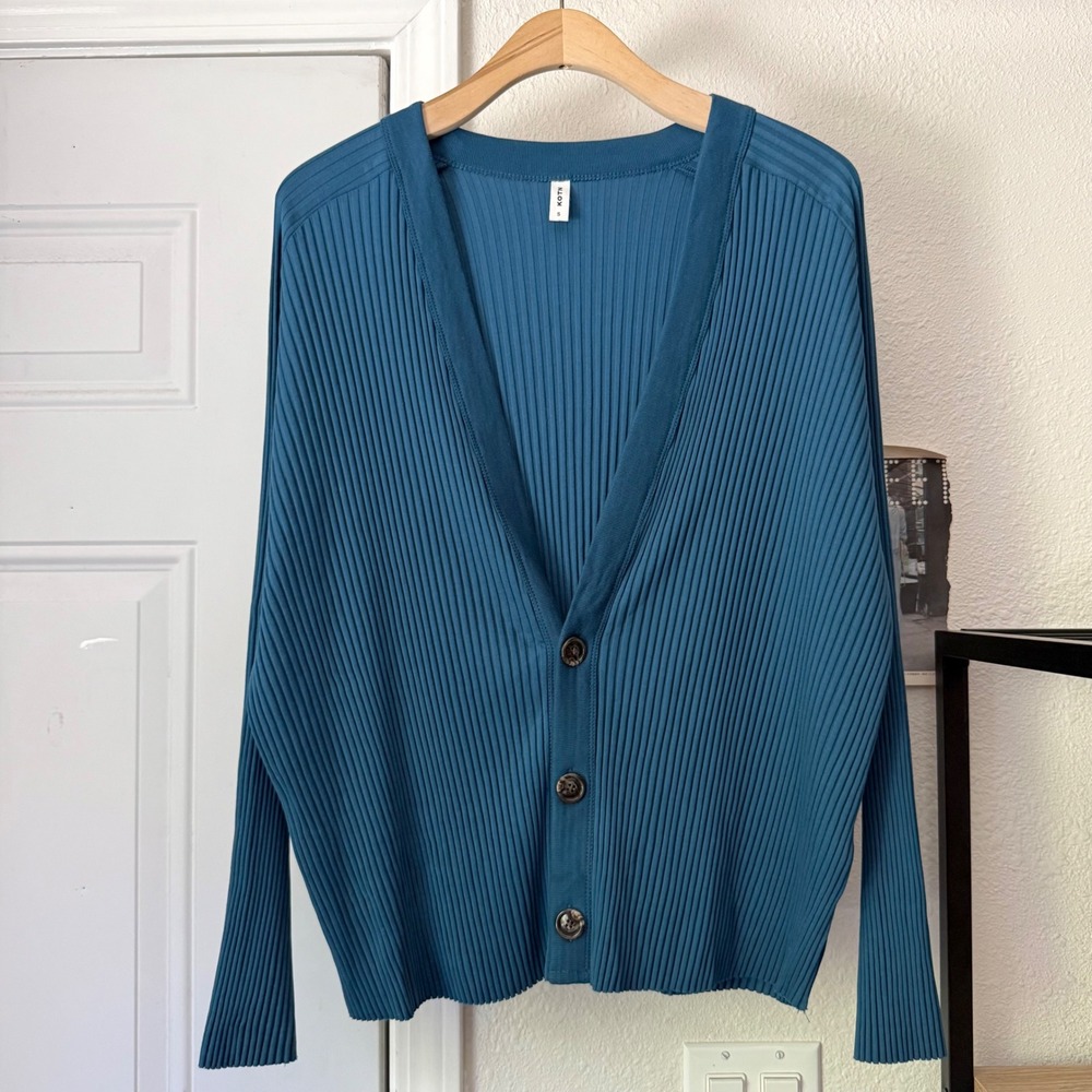 KOTN teal blue rib ribbed knit shell button up long sleeve cardigan sweater top